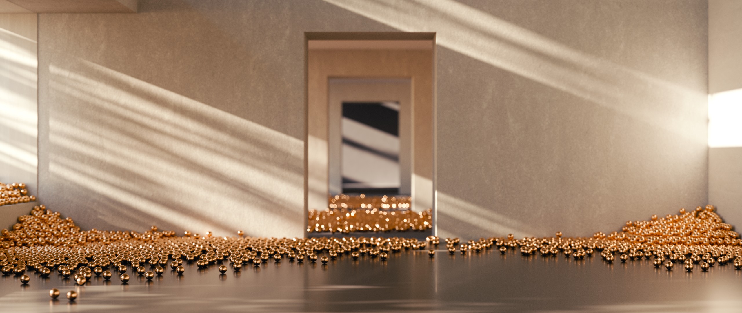 A picture of a hallway with golden spheres sprinkled on the floor